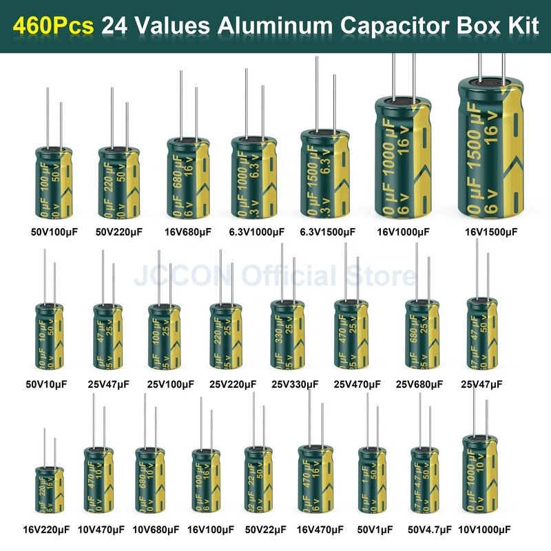 Capacitor Kit - 460PCS Green 6.3V-50V Electrolytic Capacitor 24 Kits