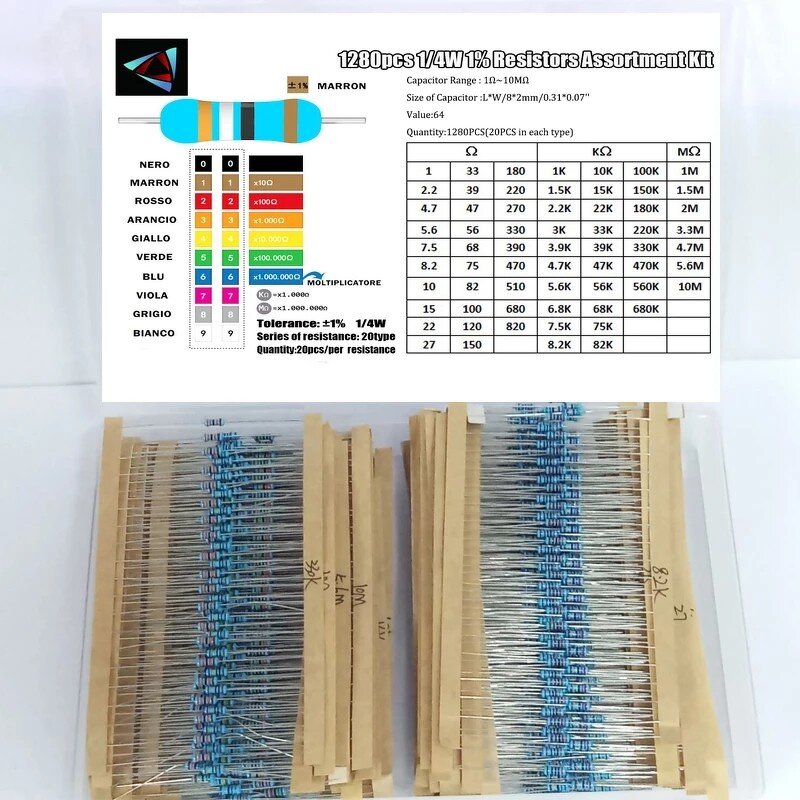 Resistor Kit - 1280PCS 1/4W 1% 1ohm-10Mohm 64 Values Metal Film