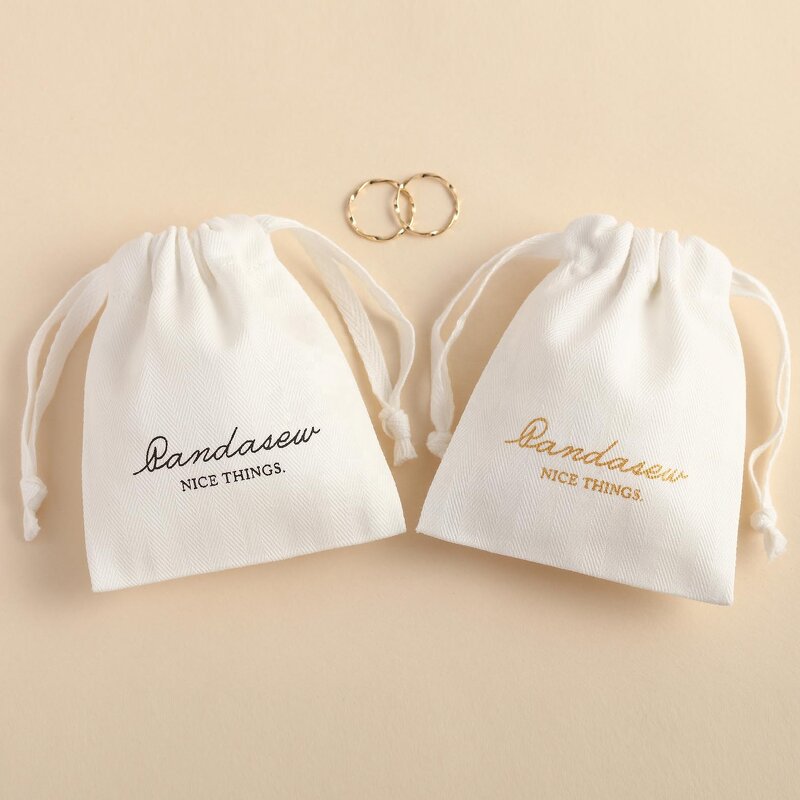 Cotton Bag Manufacturer - Custom Logo White Herringbone Cotton Jewelry Packaging