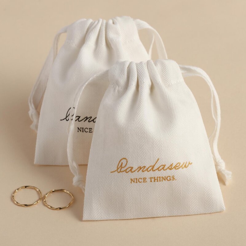 Cotton Bag Manufacturer - Custom Logo White Herringbone Cotton Jewelry Packaging