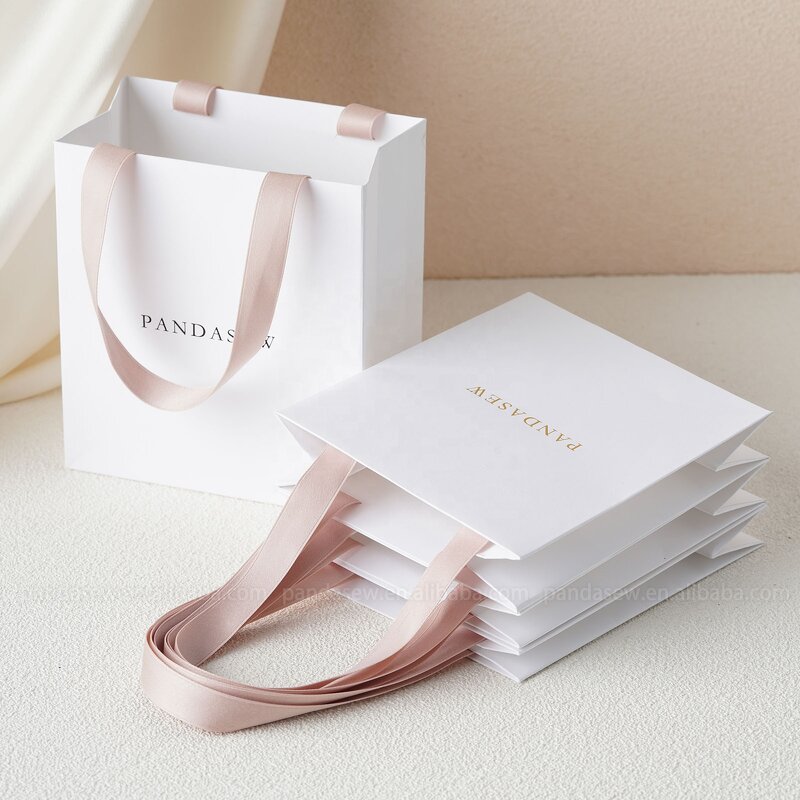 Paper Bag Manufacturer - Custom Logo Recycled White Gift Bag Ribbon Rope Kraft Shopping