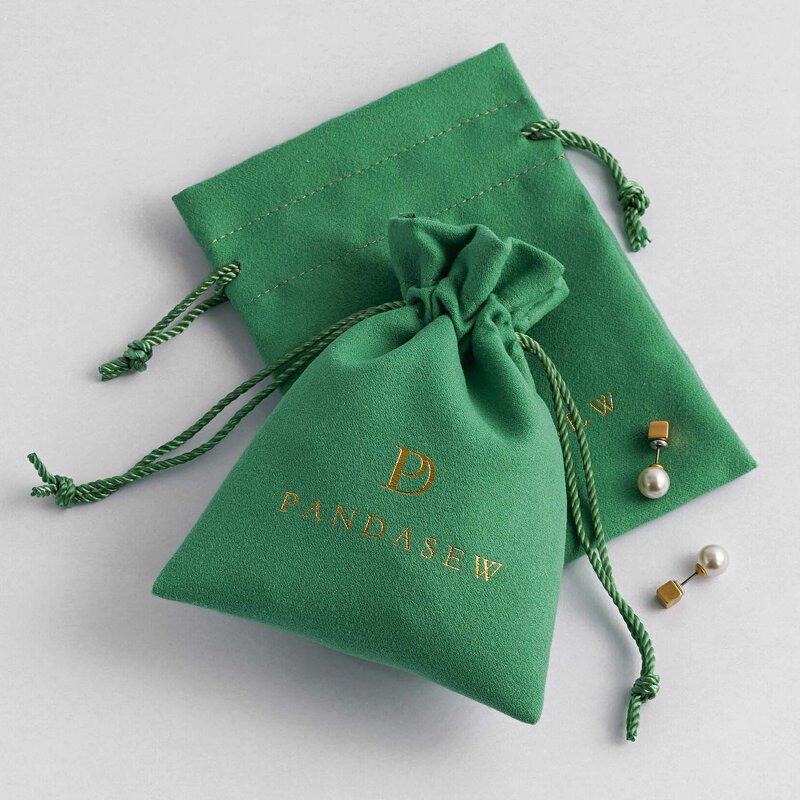 Velvet Pouch Manufacturer - Custom Logo Green Velvet Suede Drawstring Jewelry Pouch