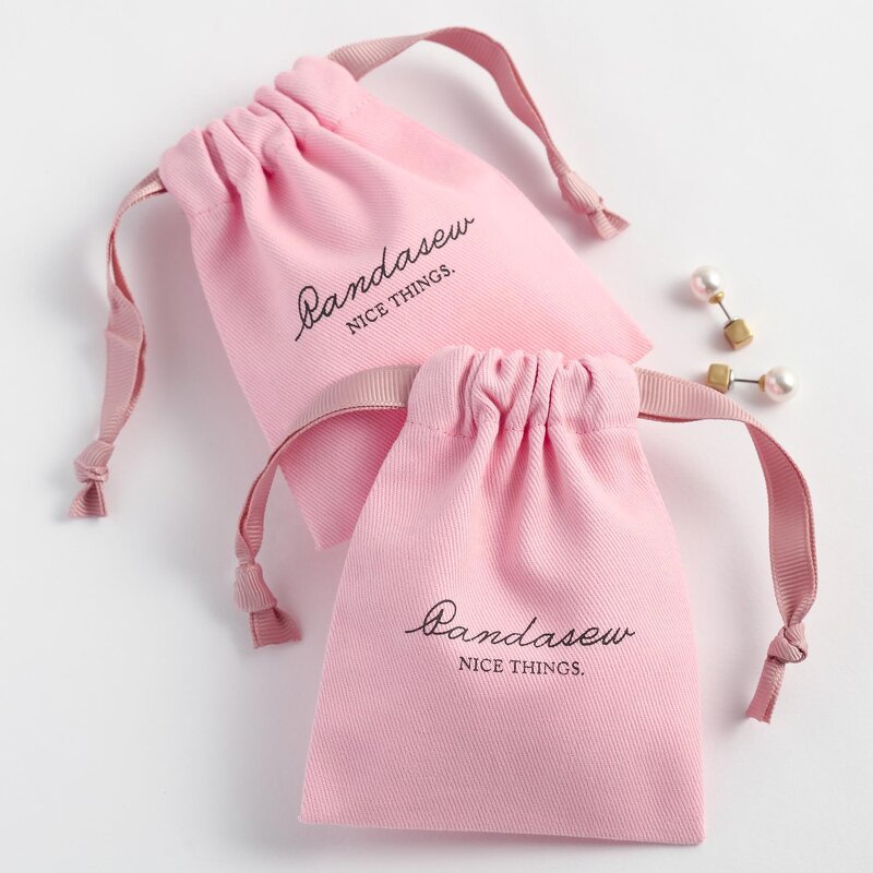 Cotton Bag Manufacturer - Custom Logo Pink Twill Cotton Necklace Ring Earring Pouch