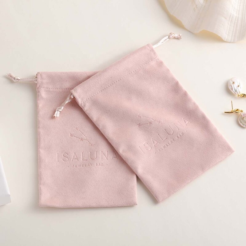 Jewelry Pouch Manufacturer - Custom Logo Deboss Pink Suede Jewelry Drawstring Bag