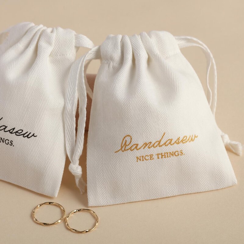 Cotton Bag Manufacturer - Custom Logo White Herringbone Cotton Jewelry Packaging