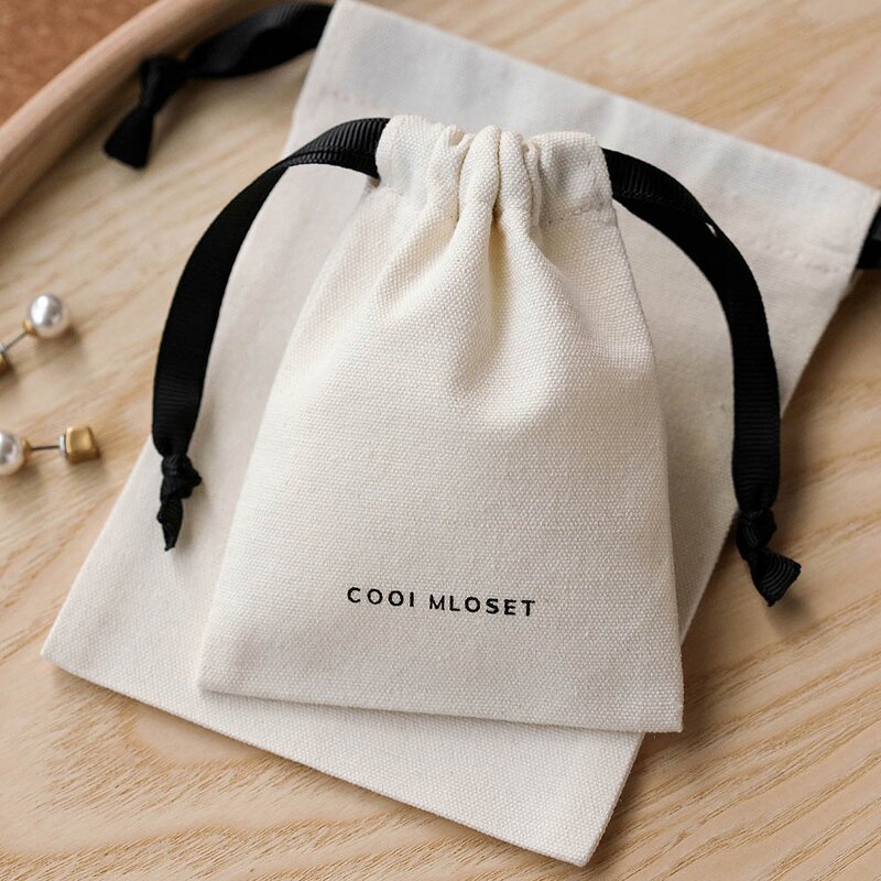 Cotton Bag Manufacturer - Custom Logo Beige Medium Cotton Canvas Jewelry Pouch