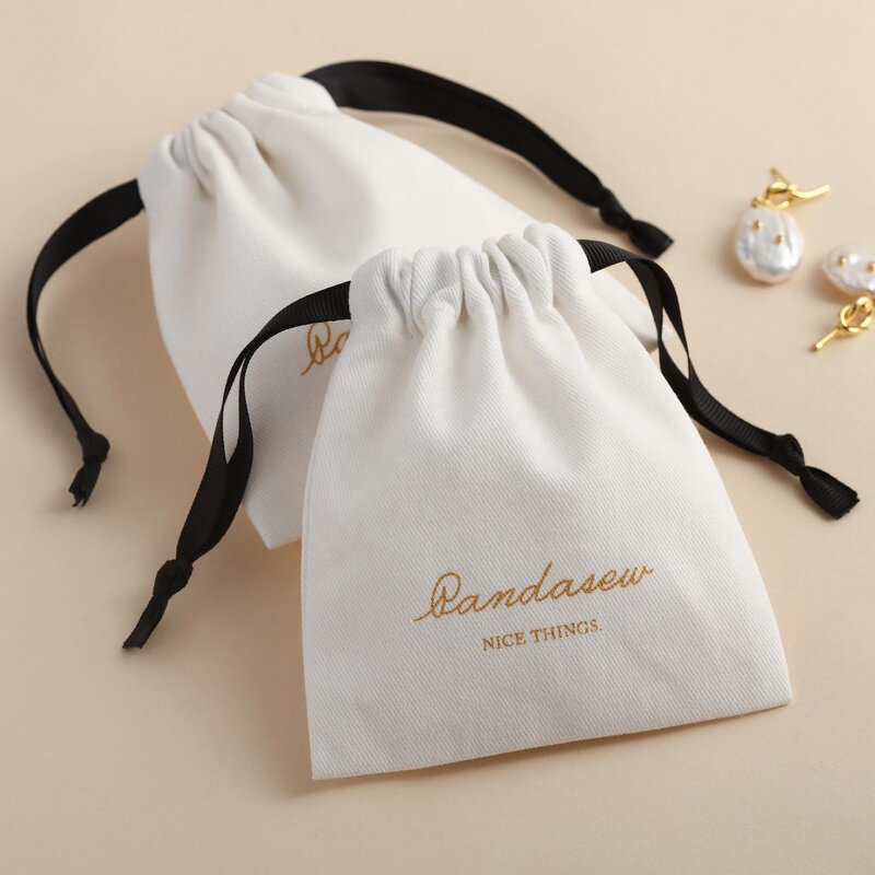 Cotton Bag Manufacturer - Custom Logo White Twill Cotton Small Gift Jewelry Pouch