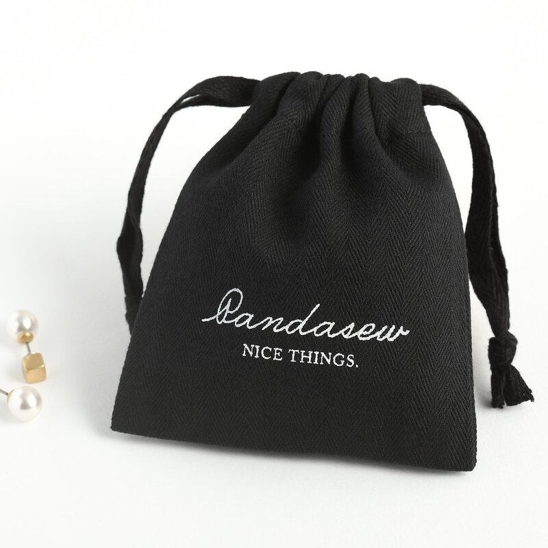Cotton Bag Manufacturer - Custom Logo Black Herringbone Cotton Jewelry Drawstring