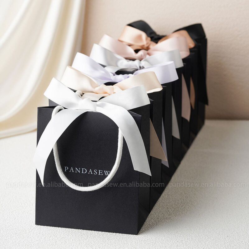Paper Bag Manufacturer - Custom Logo Black Gift Bag Ribbon Rope Kraft Handle Shopping