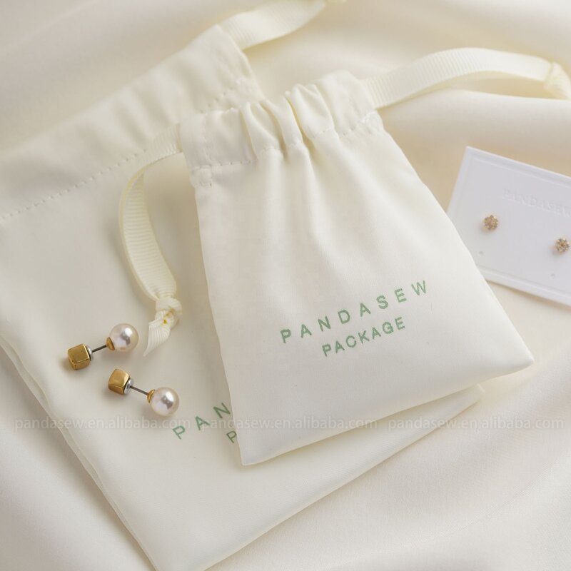 Satin Pouch Manufacturer - Custom Logo Beige Dense Silk Satin Drawstring Jewelry Pouch