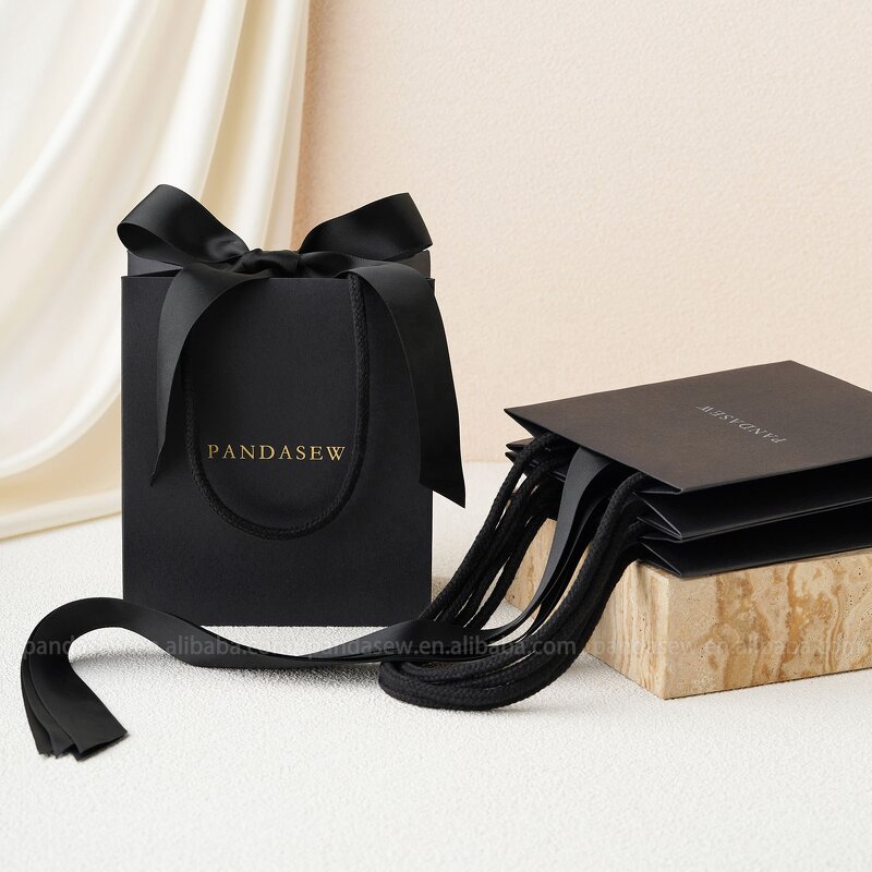 Paper Bag Manufacturer - Custom Logo Black Gift Bag Ribbon Rope Kraft Handle Shopping
