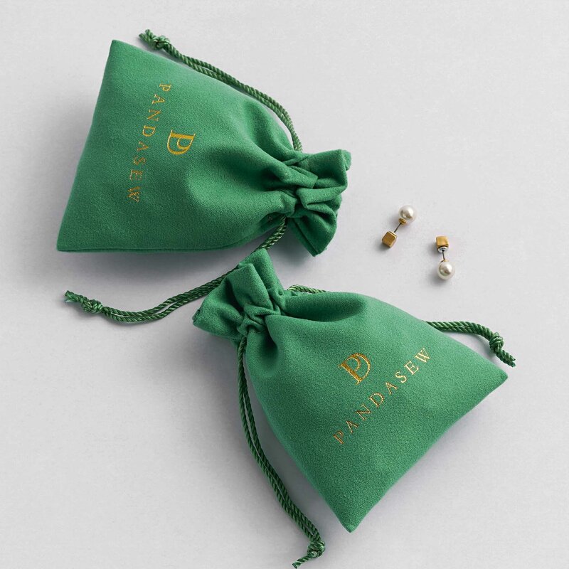 Velvet Pouch Manufacturer - Custom Logo Green Velvet Suede Drawstring Jewelry Pouch