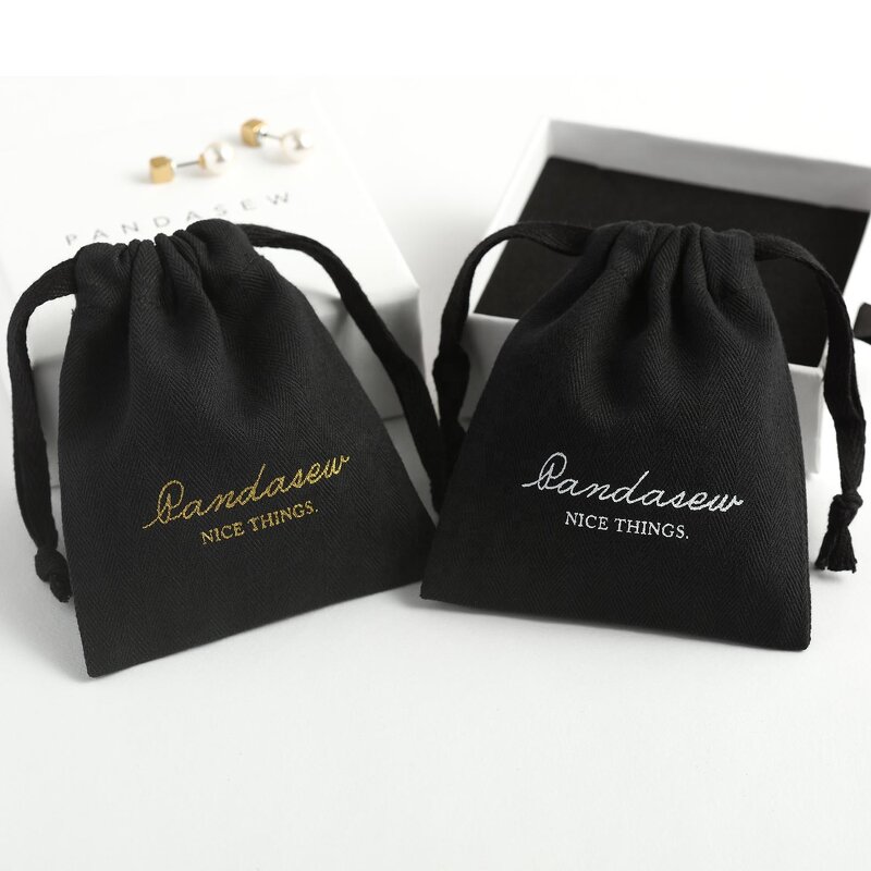 Cotton Bag Manufacturer - Custom Logo Black Herringbone Cotton Jewelry Drawstring