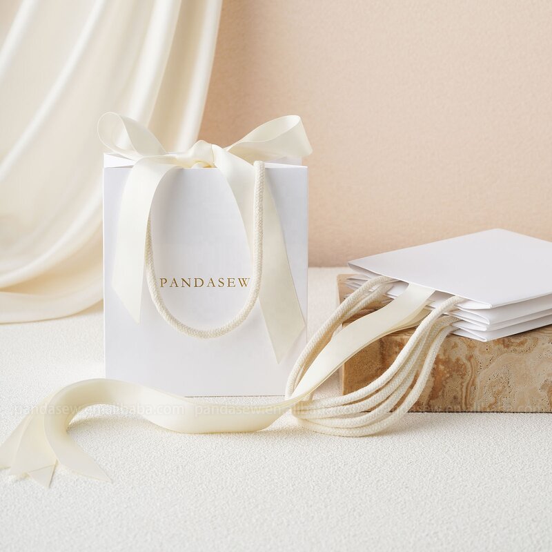 Paper Bag Manufacturer - Custom Logo White Gift Bag Ribbon Rope Kraft Handle Shopping