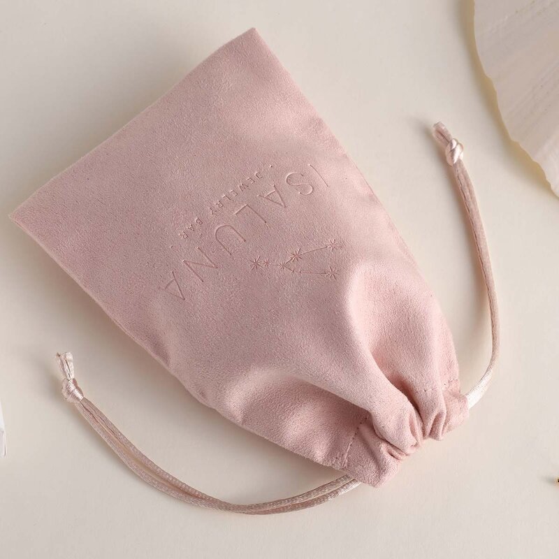Jewelry Pouch Manufacturer - Custom Logo Deboss Pink Suede Jewelry Drawstring Bag