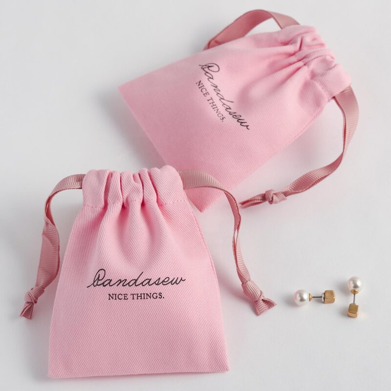 Cotton Bag Manufacturer - Custom Logo Pink Twill Cotton Necklace Ring Earring Pouch