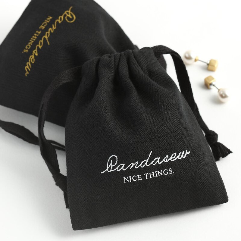 Cotton Bag Manufacturer - Custom Logo Black Herringbone Cotton Jewelry Drawstring