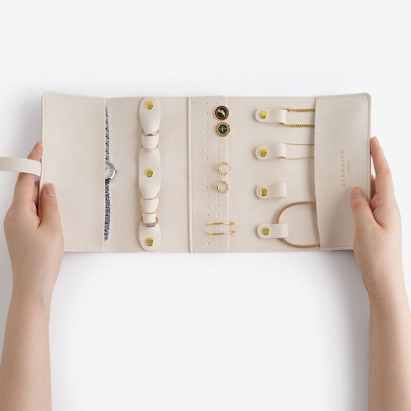 Jewelry Organizer - Custom Logo Beige 1.4mm Microfiber Travel Roll Foldable