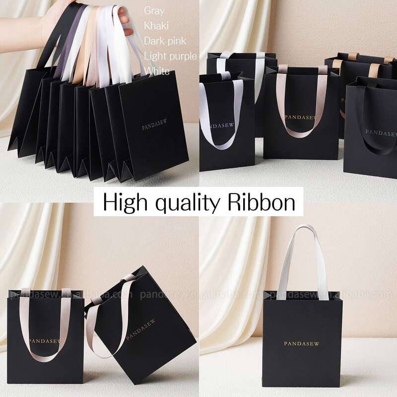 Paper Bag Manufacturer - Custom Logo Recycled Black Gift Bag Ribbon Rope Kraft Shopping