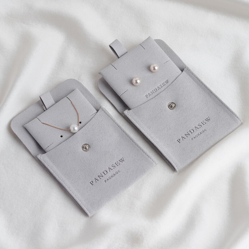 Jewelry Pouch Manufacturer - Custom Logo Gray Microfiber Snap Button with Insert Pad