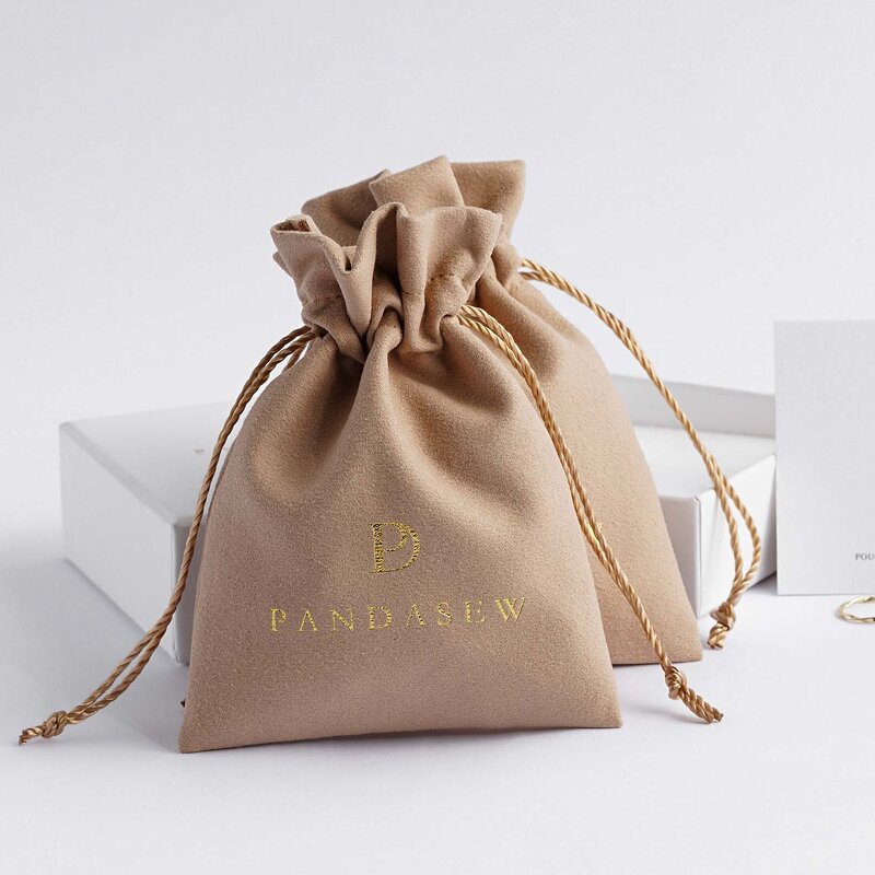 Velvet Pouch Manufacturer - Custom Logo Coffee Velvet Suede Drawstring Jewelry Pouch