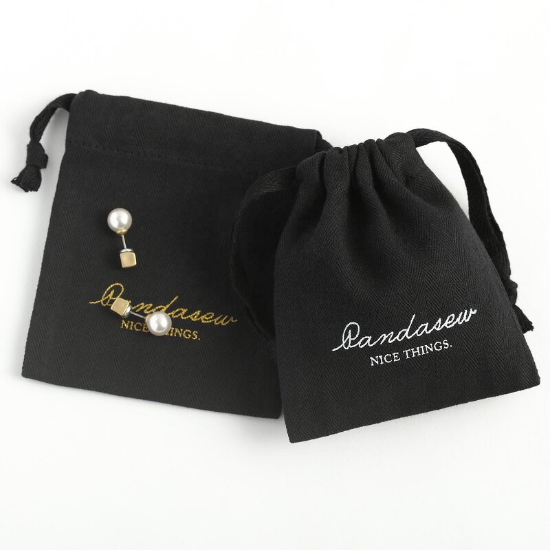 Cotton Bag Manufacturer - Custom Logo Black Herringbone Cotton Jewelry Drawstring