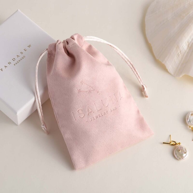 Jewelry Pouch Manufacturer - Custom Logo Deboss Pink Suede Jewelry Drawstring Bag