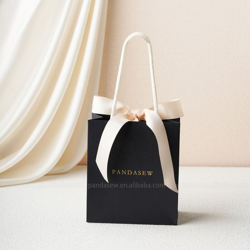 Paper Bag Manufacturer - Custom Logo Black Gift Bag Ribbon Rope Kraft Handle Shopping