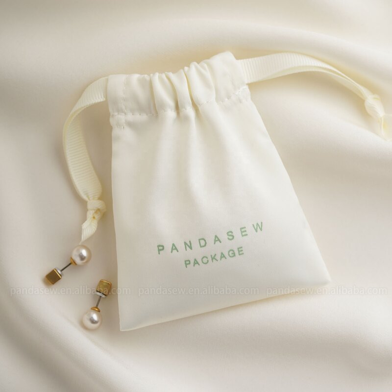 Satin Pouch Manufacturer - Custom Logo Beige Dense Silk Satin Drawstring Jewelry Pouch