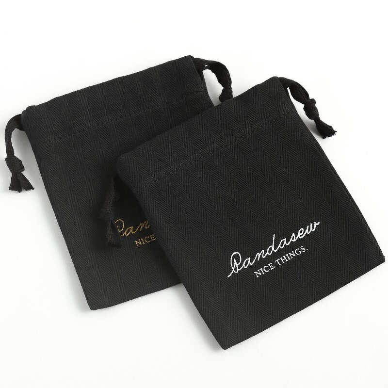 Cotton Bag Manufacturer - Custom Logo Black Herringbone Cotton Jewelry Drawstring