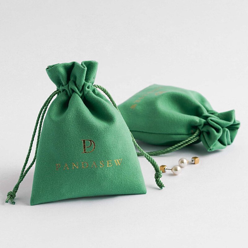Velvet Pouch Manufacturer - Custom Logo Green Velvet Suede Drawstring Jewelry Pouch