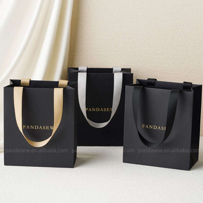 Paper Bag Manufacturer - Custom Logo Recycled Black Gift Bag Ribbon Rope Kraft Shopping