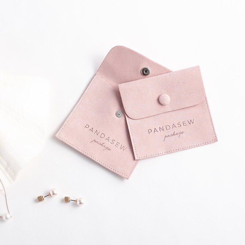 Jewelry Pouch Manufacturer - Custom Logo 8x8cm Pink Suede Snap Button Flap Pouch