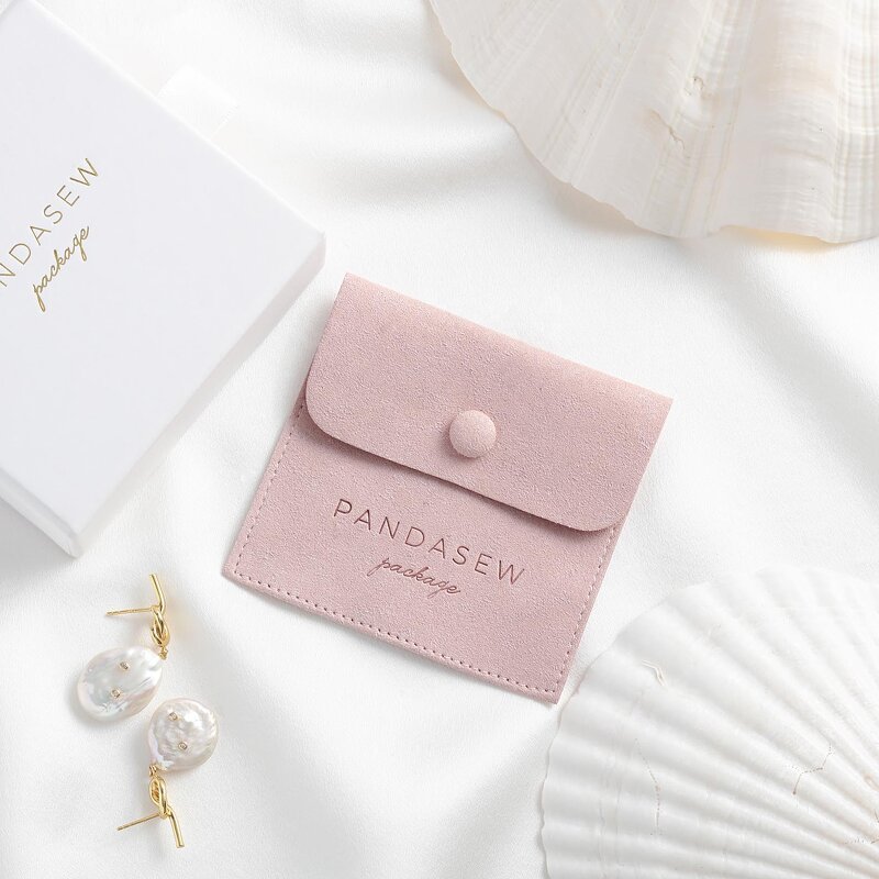 Jewelry Pouch Manufacturer - Custom Logo 8x8cm Pink Suede Snap Button Flap Pouch