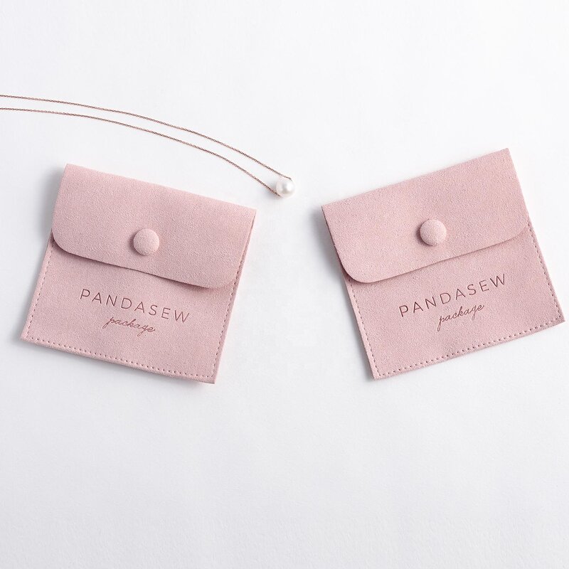 Jewelry Pouch Manufacturer - Custom Logo 8x8cm Pink Suede Snap Button Flap Pouch