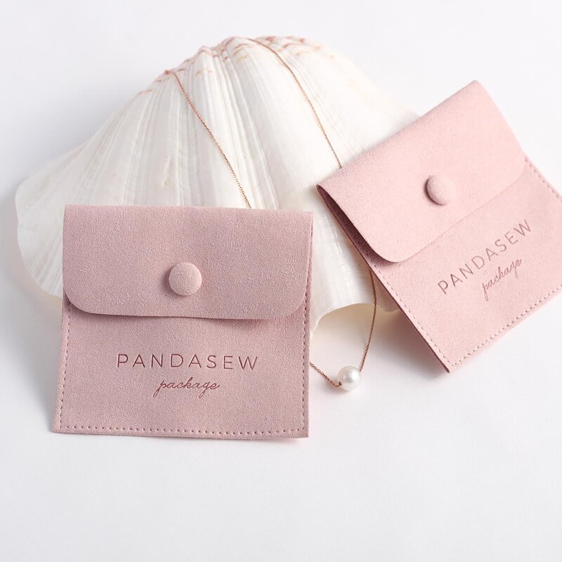 Jewelry Pouch Manufacturer - Custom Logo 8x8cm Pink Suede Snap Button Flap Pouch