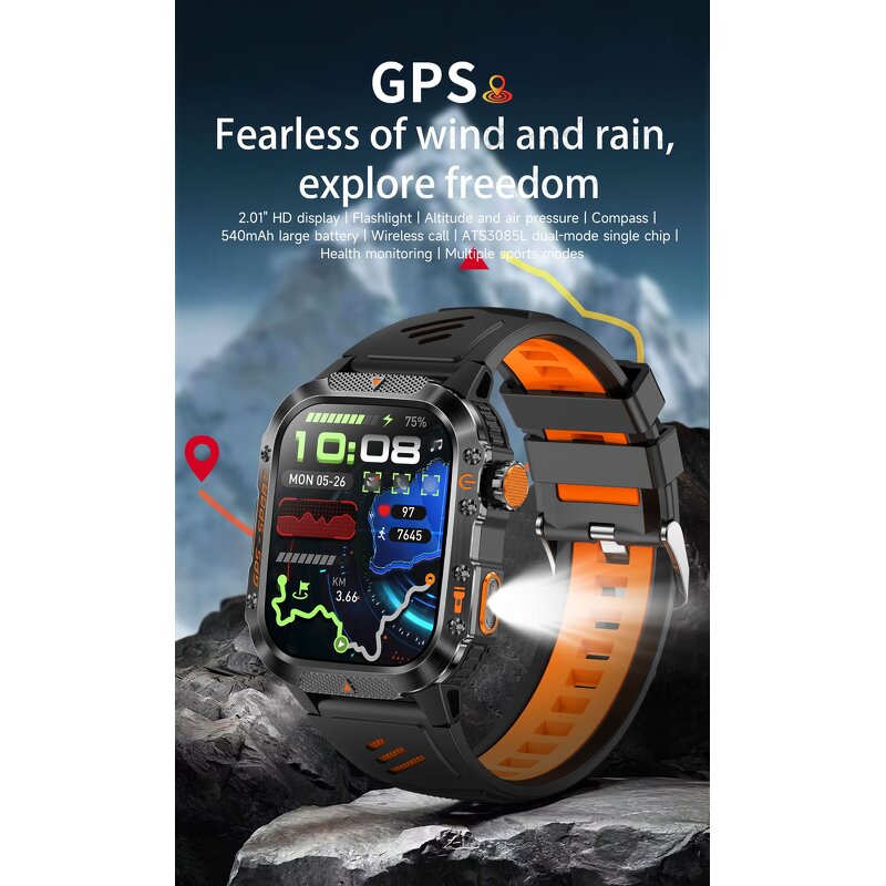 GPS Sports Watch - 2026 HT36 IP68 2.01" TFT HR Music BT Calling Flashlight