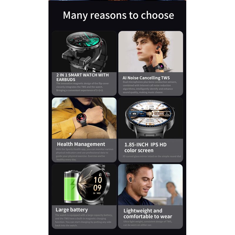2-in-1 Smart Watch - T100 Waterproof Earbuds Round Wireless Earphone