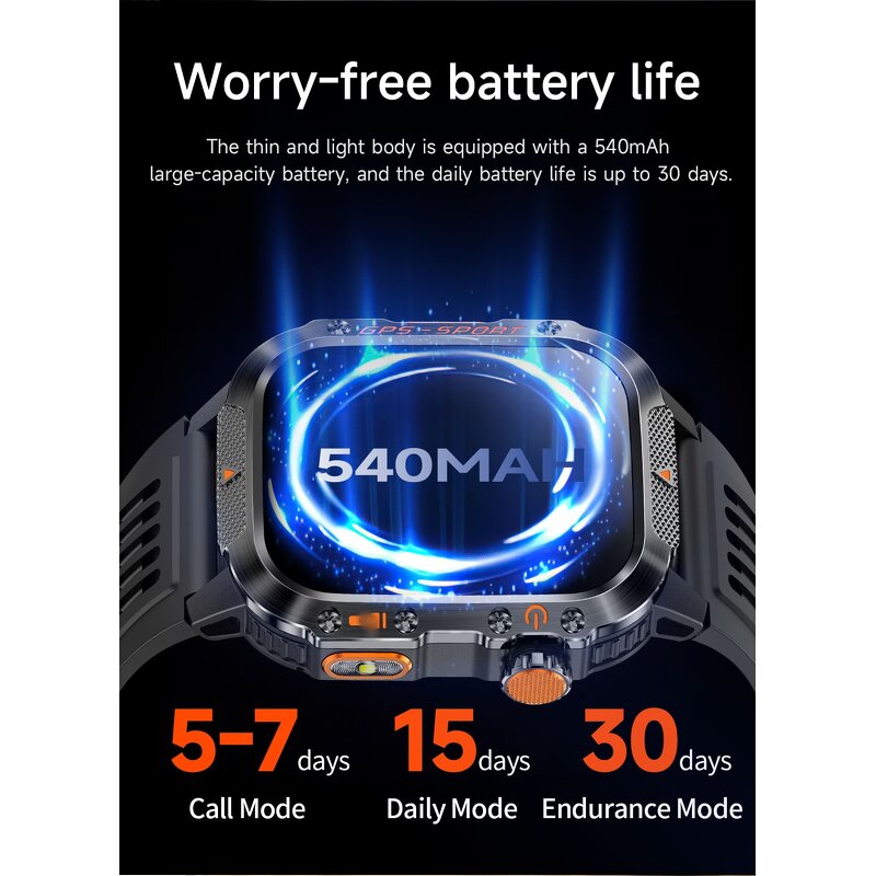 GPS Sports Watch - 2026 HT36 IP68 2.01" TFT HR Music BT Calling Flashlight