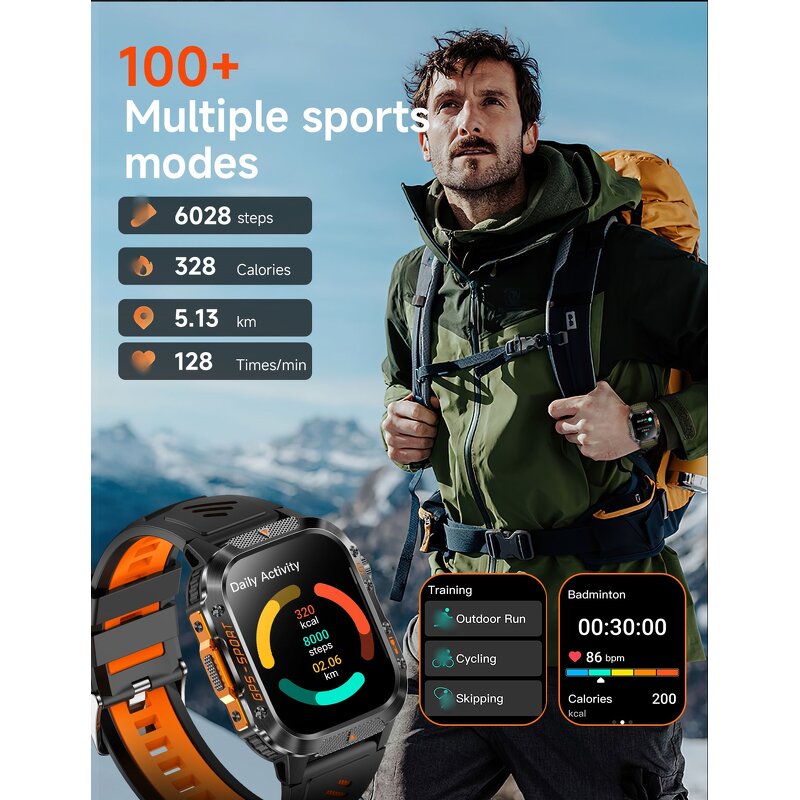 GPS Sports Watch - 2026 HT36 IP68 2.01" TFT HR Music BT Calling Flashlight