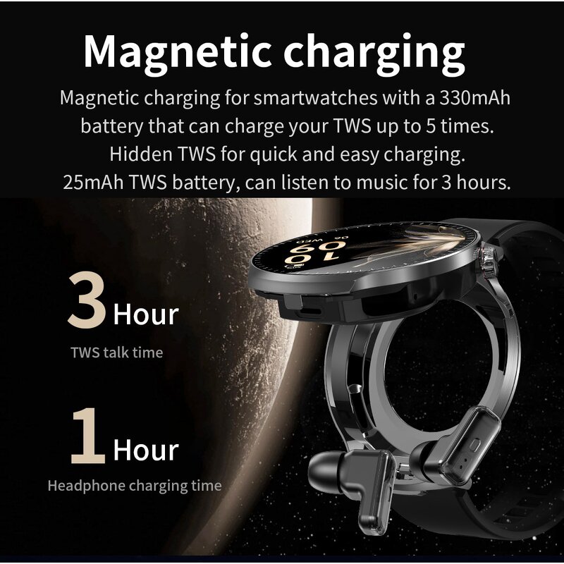2-in-1 Smart Watch - T100 Waterproof Earbuds Round Wireless Earphone