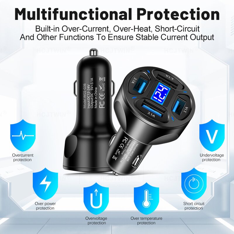Car Charger Manufacturer - 4 Ports USB PD Quick Charge 12-24v Digital Display QC3.0