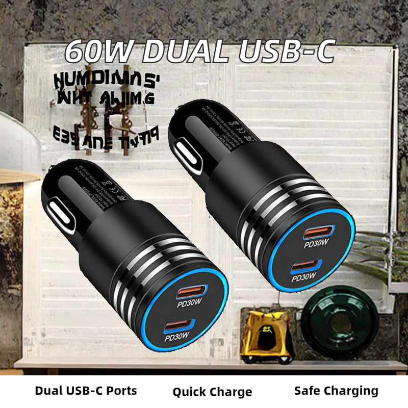 Car Charger Manufacturer - 60W PD Dual USB Type C QC2.0 ABS Material Fast Charging