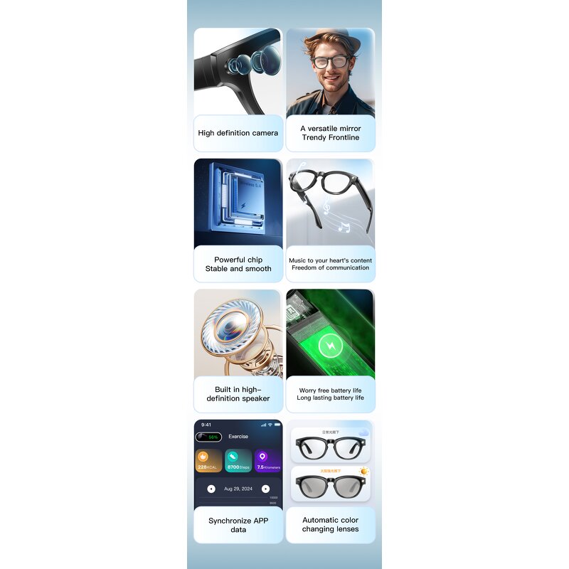 Smart Glasses Manufacturer - GS380 AI Audio Video Recording LED Light 200W