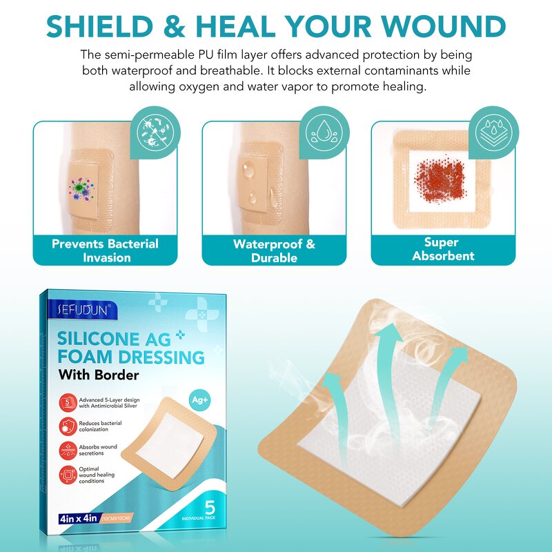 Foam Dressing - 5 Packs 4"x4" Waterproof Sterile Silicone AG Border Adhesive
