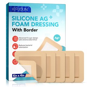 Foam Dressing - 5 Packs 4"x4" Waterproof Sterile Silicone AG Border Adhesive