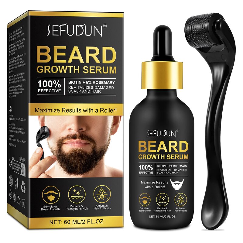 Beard Growth Kit - Organic Serum Derma Roller Grooming Set for Black Men