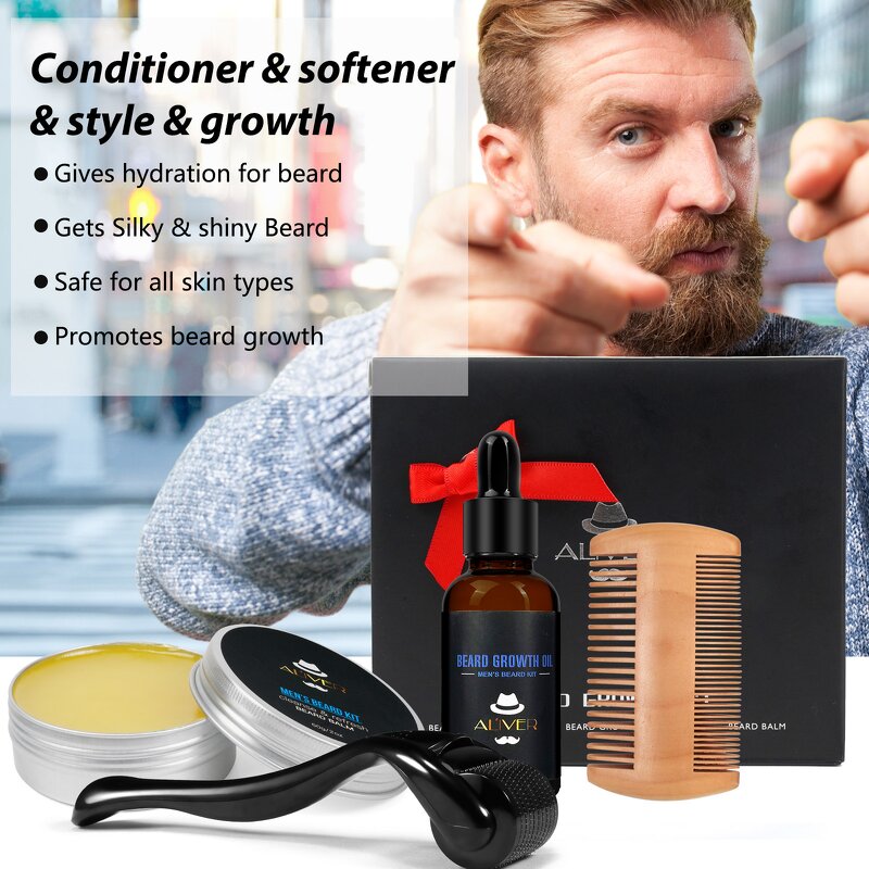 Beard Grooming Kit - Custom Logo Organic Oil Balm Hair Growth Gift Set for Men
