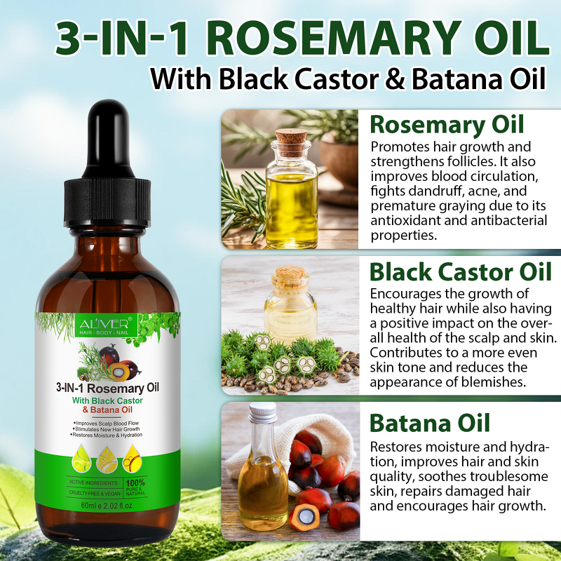 Rosemary Oil - 60mL 3 in 1 Black Castor Batana Hair Skin Nail Care