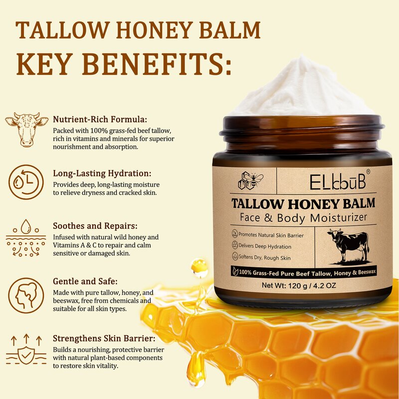 Tallow Cream - Wholesale Whipped 100% Grass-Fed Beef Tallow Honey Balm Hydrating